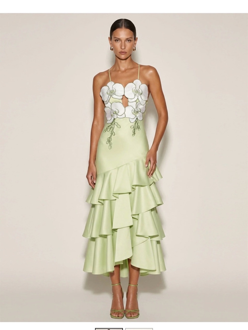 JW PEI orchid Flower ruffle Midi Dress in Green & White-Size 8